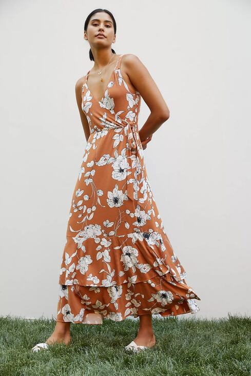 Anthropologie Dresses & Skirts - Anthropologie Ruffled Floral Midi Dress Brown Motif Medium Faux Wrap Resortwear